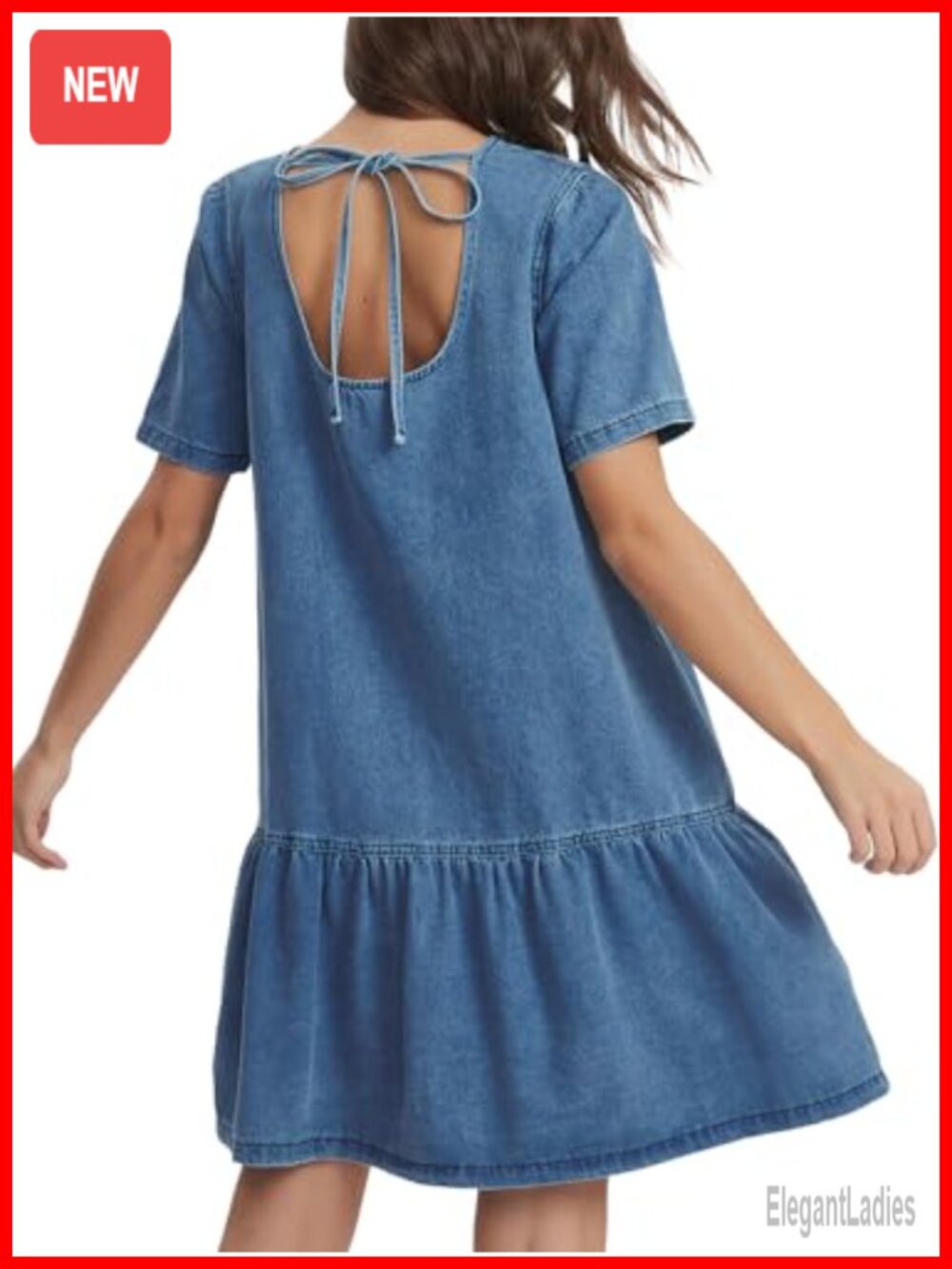 Short Sleeve Denim Cotton Blend Mini Dress Backless Tie Ruffle Hem Casual